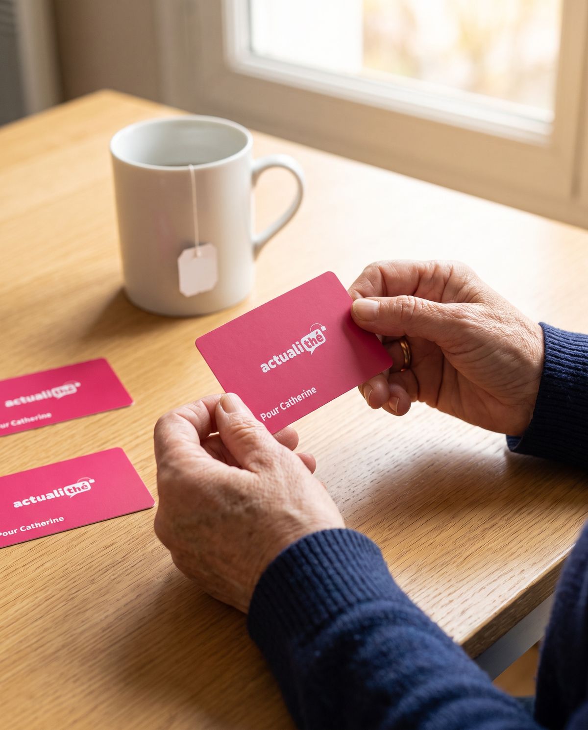 Les mains d’une femme tiennent une carte framboise « Pour Catherine », sur une table de cuisine.